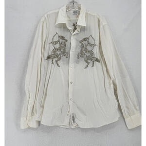 Replay Mens White Centaur Archer Embroidered Long Sleeve Button Shirt Sz XXL